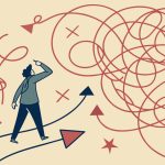 Confused businessman standing at crossroads looking for solution to complex problem choosing right direction finding way out of tangled road